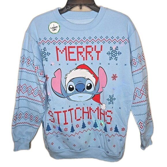 Disney Lilo & Stitch Light Up Merry Stitchmas Christmas Sweatshirt Size Medium - Picture 1 of 8